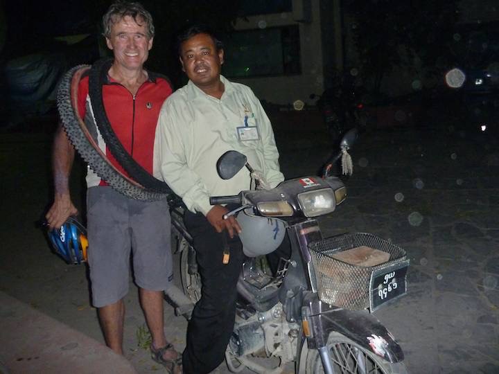 Here is our hero. the daredevil motorcyclist who saved us by doubling me from the outskirts of Mandalay into the city to find 26&rdquo; bike tyres.